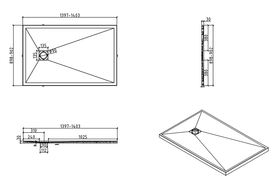 Maattekening Wiesbaden Stonea douchebak antislip composiet 900x1400x30 mm inkortbaar mat zwart