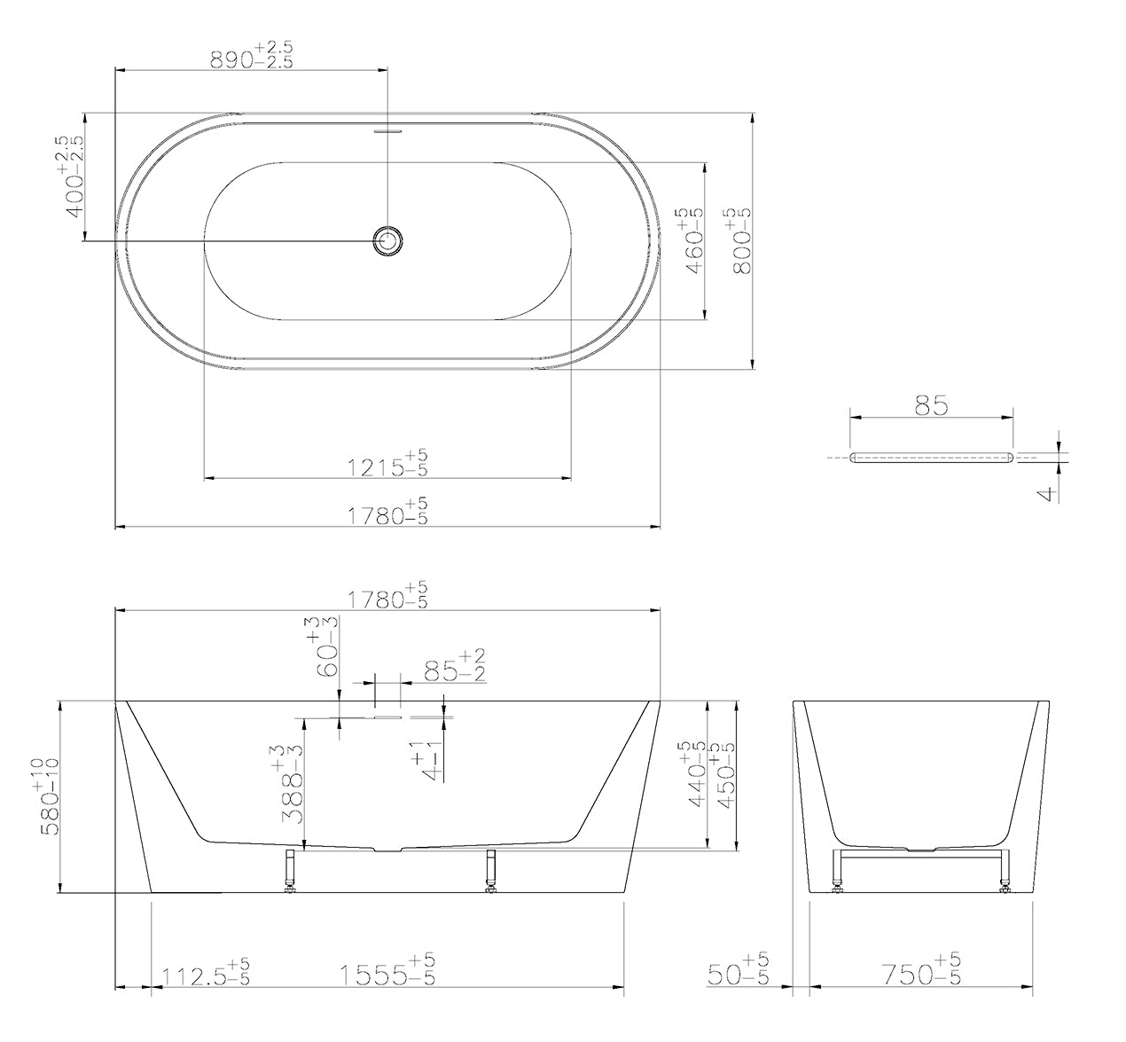 Maattekening Vrijstaand Bad Korver Libero Mat Wit 178 x 80 cm met afmetingen in cm