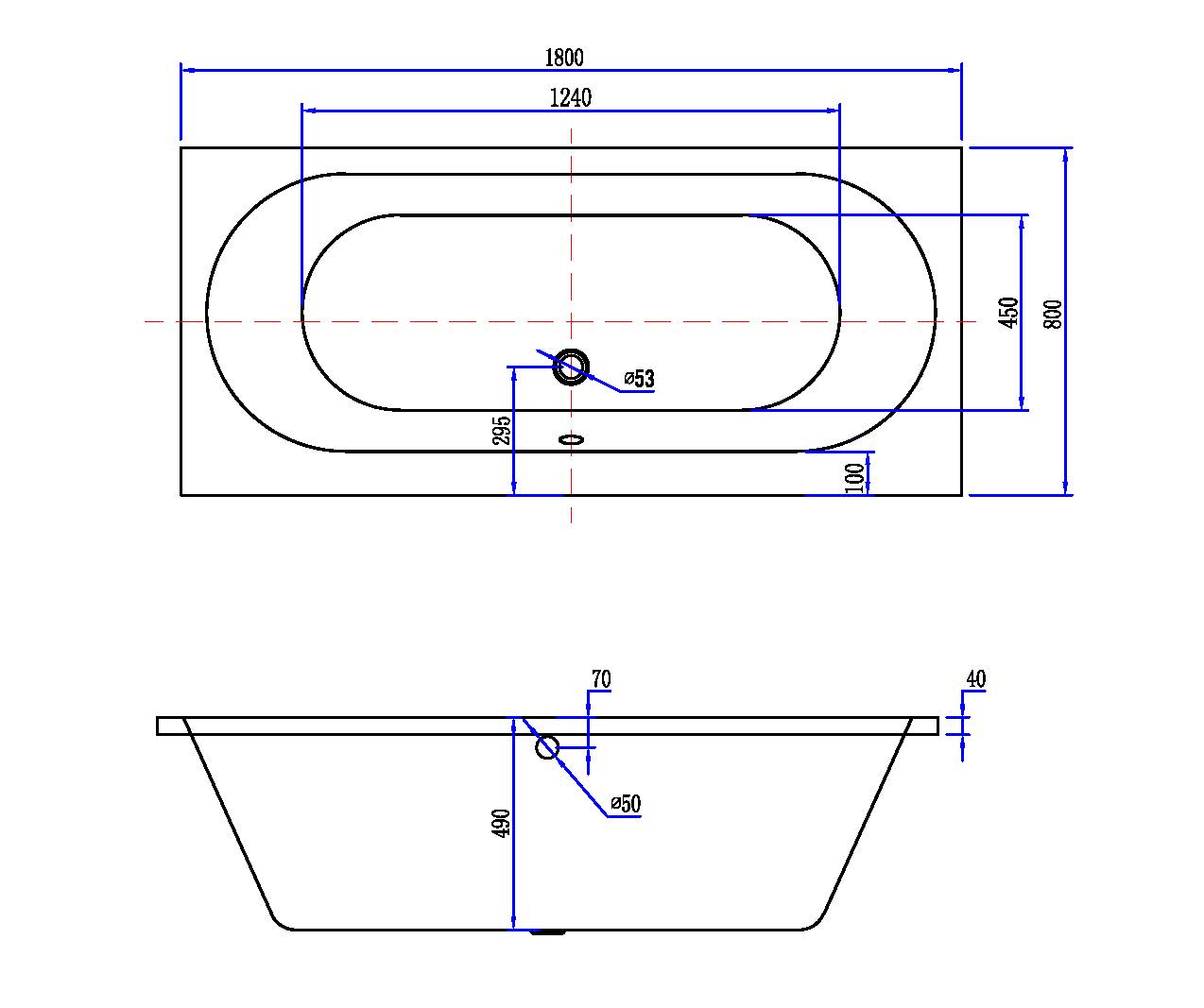 Maattekening Portus RD inbouw duo ligbad 180x80x49 cm mat wit