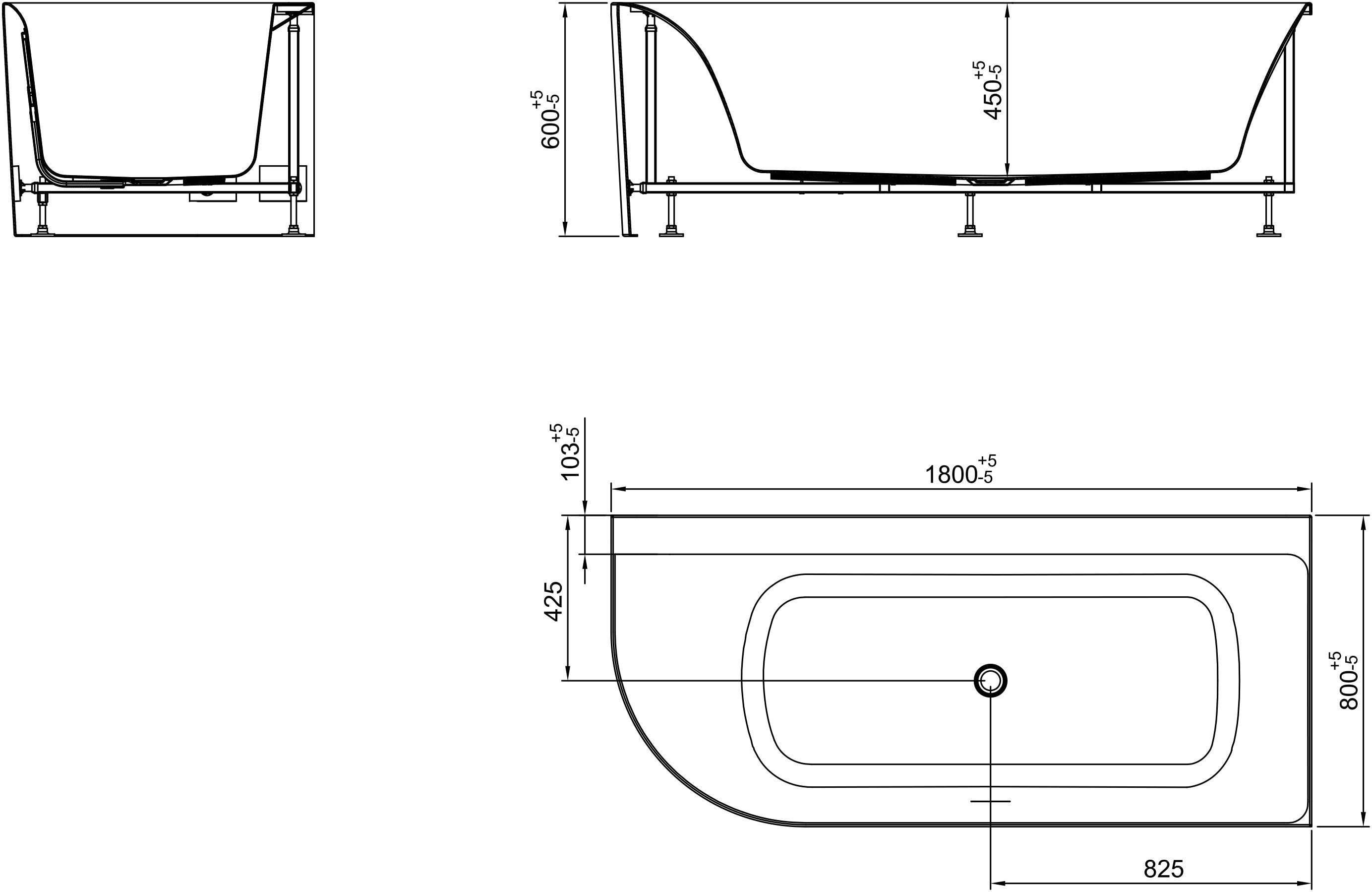 Maattekening Hoekbad Zenn Mat Wit 180 x 80 cm met afmetingen in cm