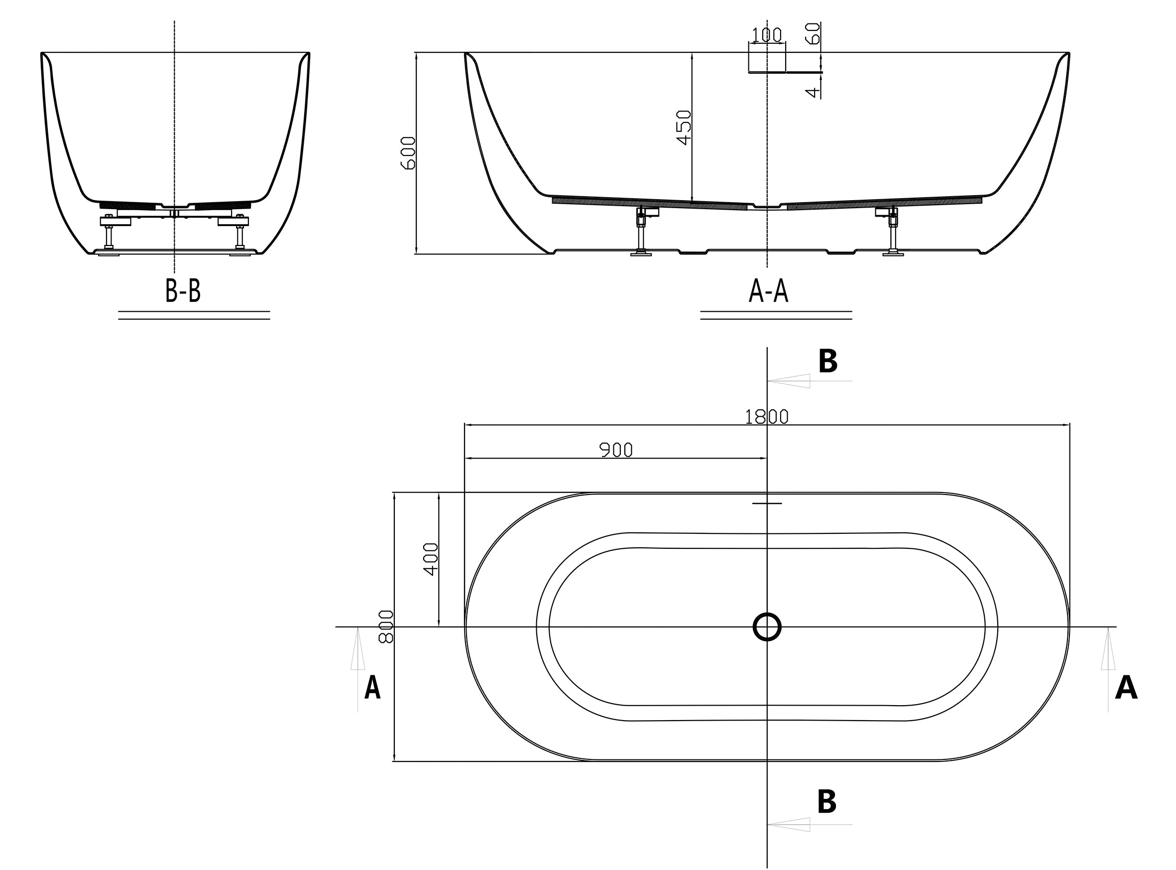 Maattekening Vrijstaand Bad Korver Trens Mat Wit 180 x 80 cm met afmetingen in cm