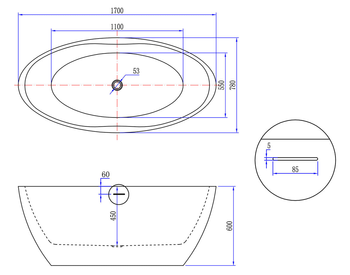 Maattekening Vrijstaand Bad Korver Oval Mat Wit 170 x 78 cm met afmetingen in cm