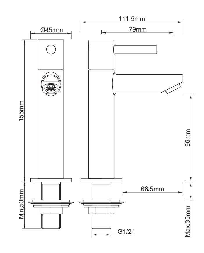 Caral Amador fonteinkraan XL Kiwa 1/2'' gunmetal PVD maattekening – afmetingen volgens maattekening | Dealplein