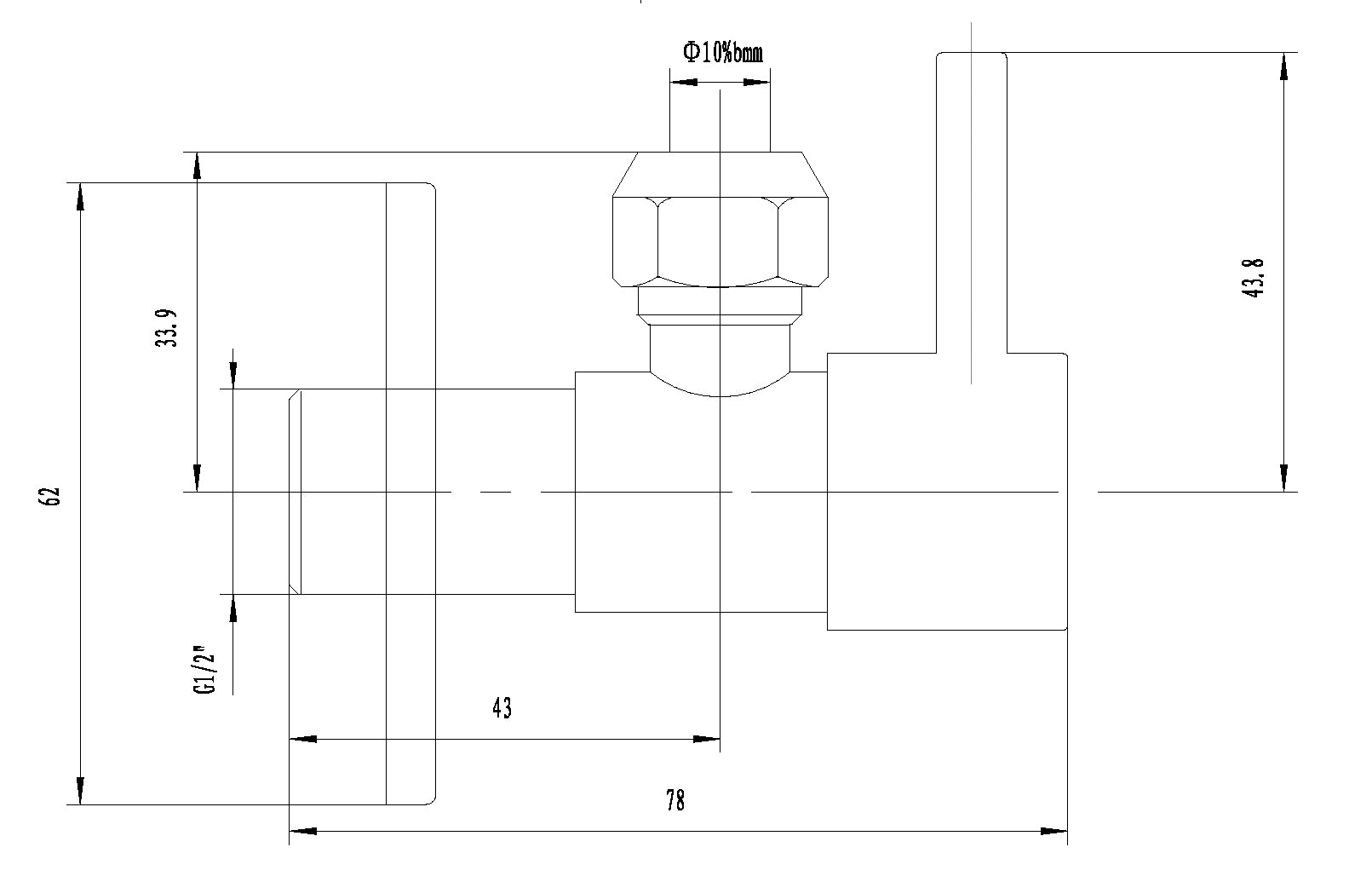 Minimal hoekstopkraan 1/2" x 3/8" of knel 10 mm gunmetal PVD maattekening – afmetingen volgens maattekening | Dealplein