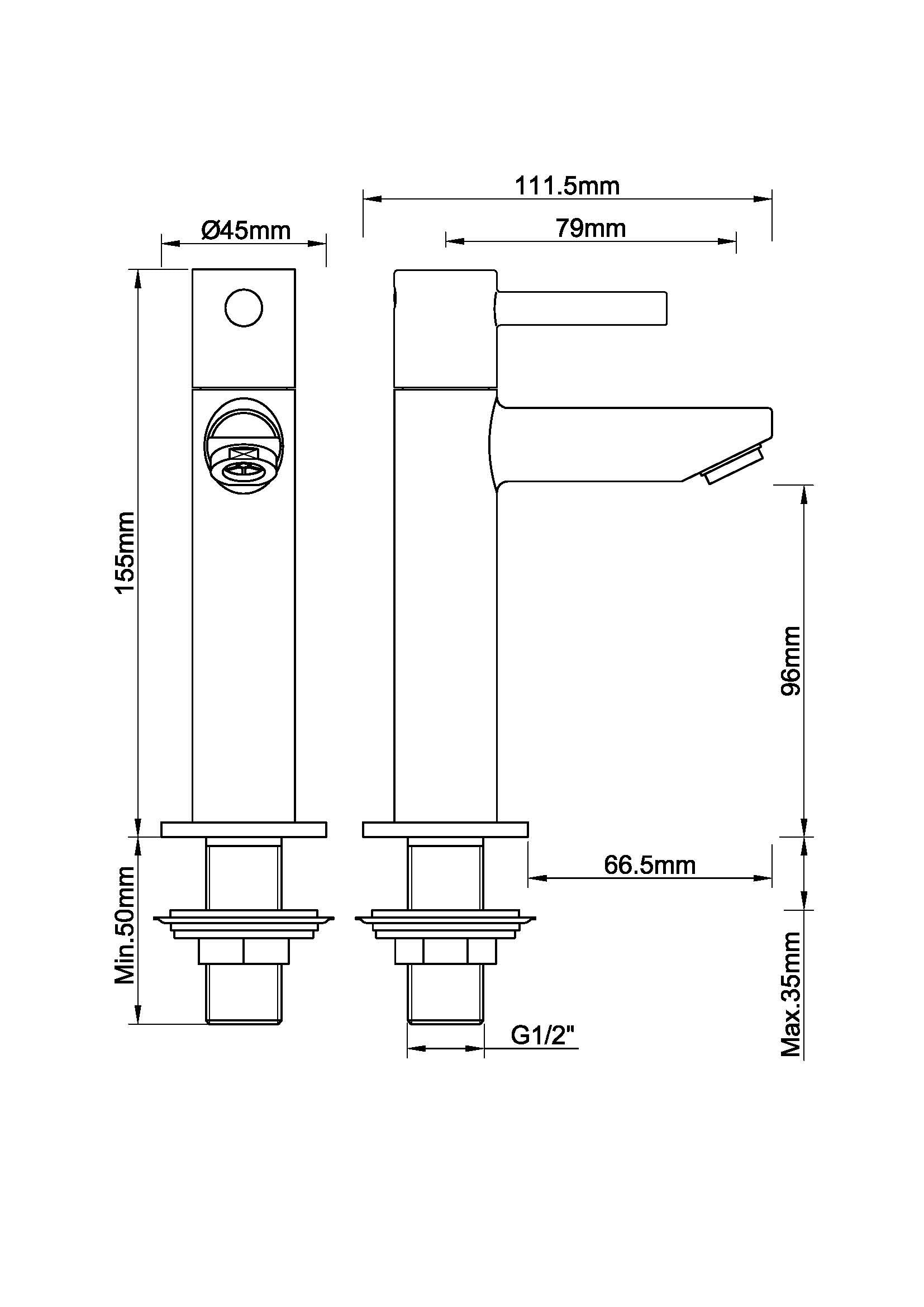 Caral Amador fonteinkraan XL Kiwa 1/2'' geborsteld staal PVD maattekening – afmetingen volgens maattekening | Dealplein
