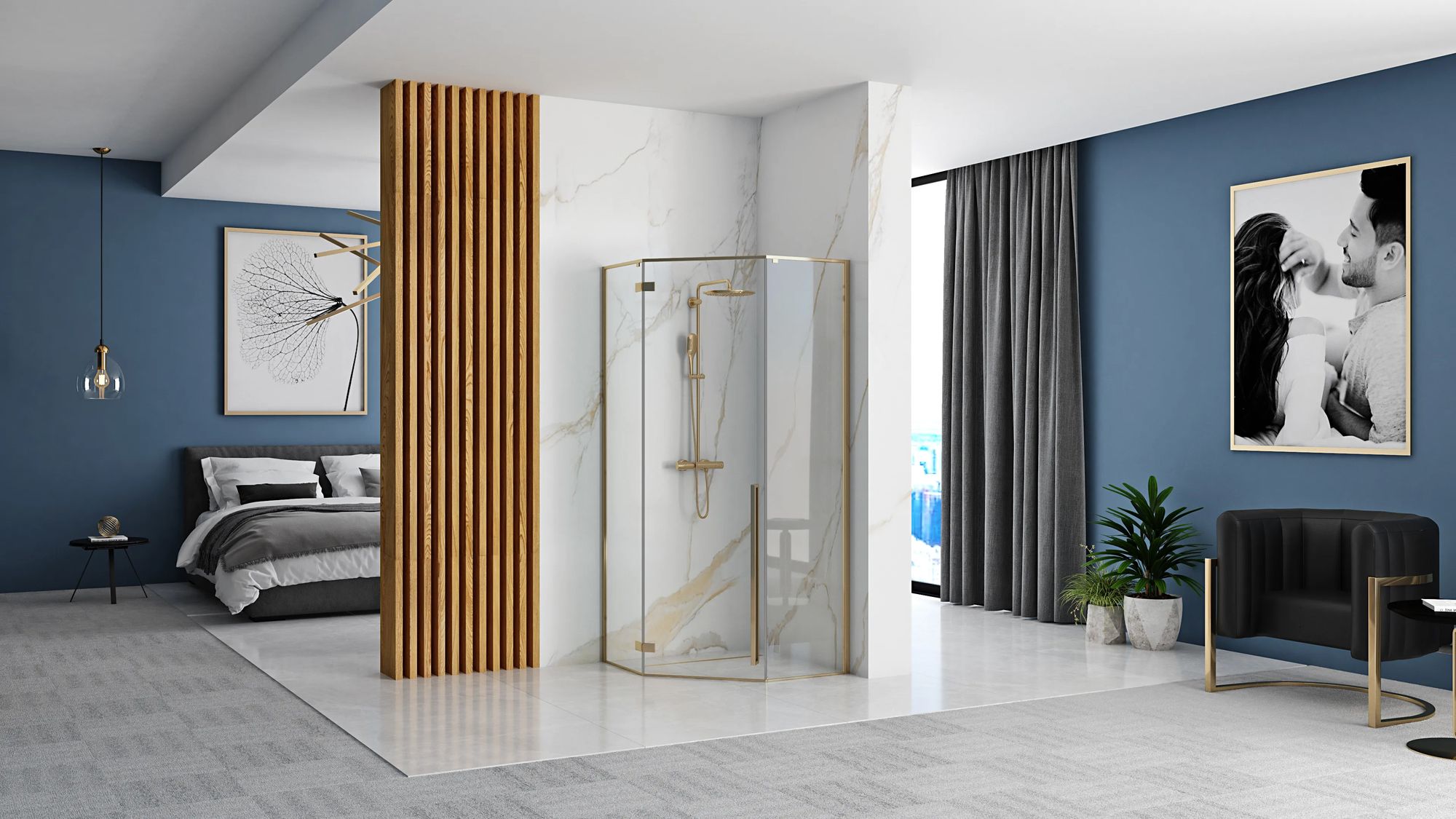Detail van glas en glans goud van Rea Diamond douchecabine