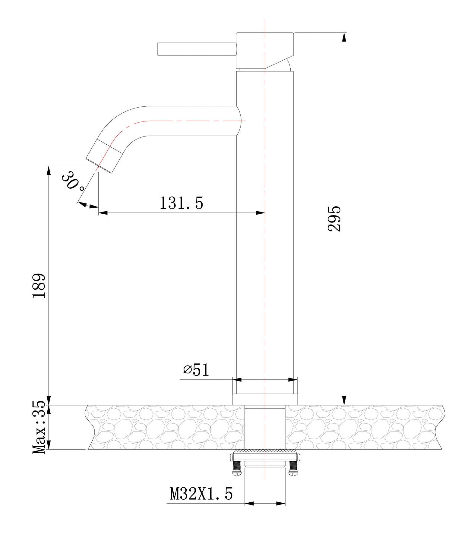 Maattekening Wiesbaden 304 wastafelkraan hoog met coldstart geborsteld RVS