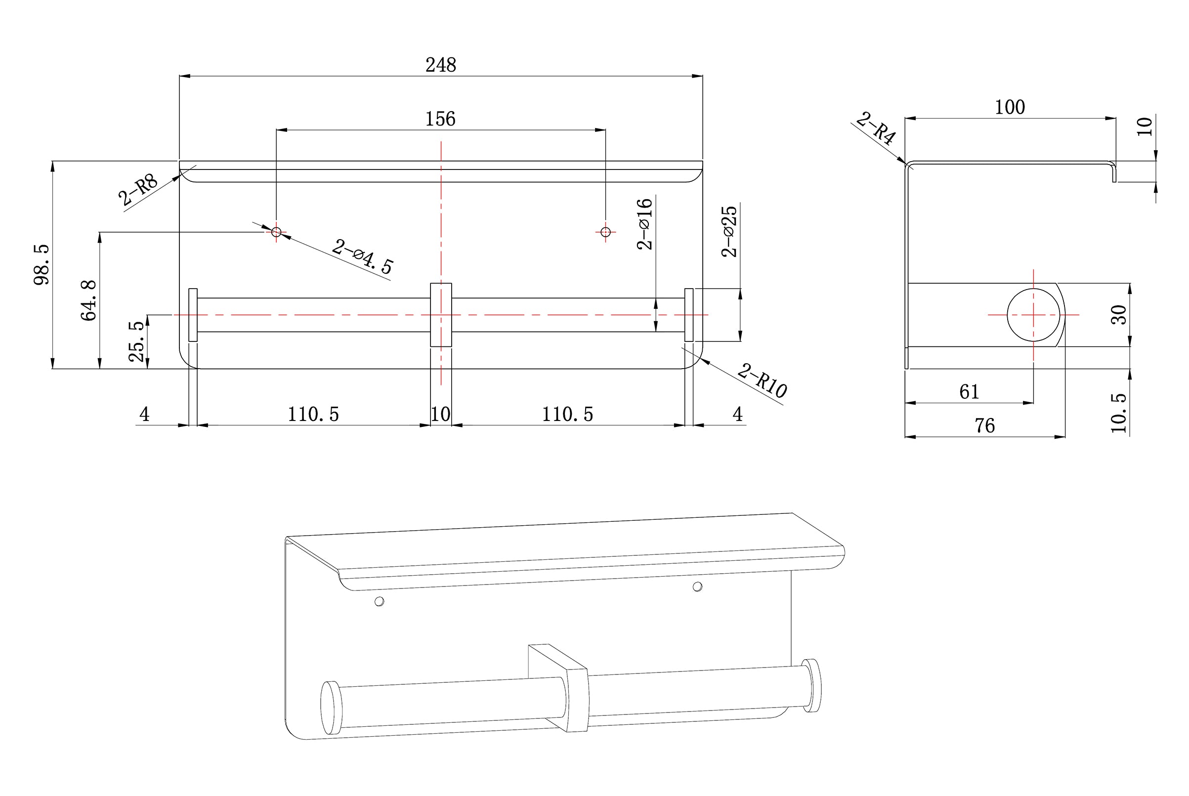 Maattekening Wiesbaden Brush dubbele toiletrolhouder mat zwart