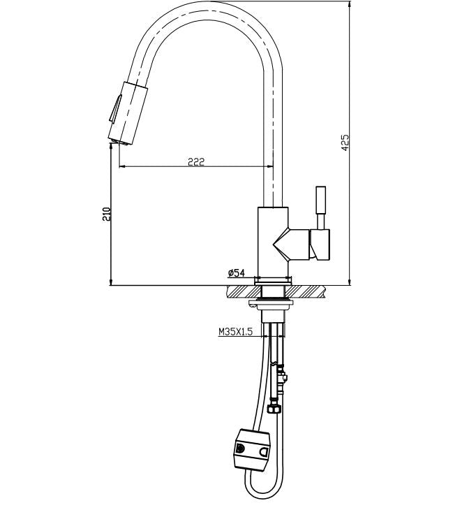 Maattekening Benton keukenkraan met coldstart en uittrekbare handdouche geborsteld RVS