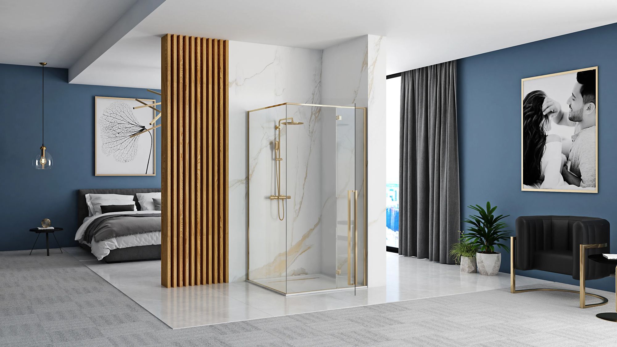 Detail van glas en glans goud van Rea Fargo douchecabine