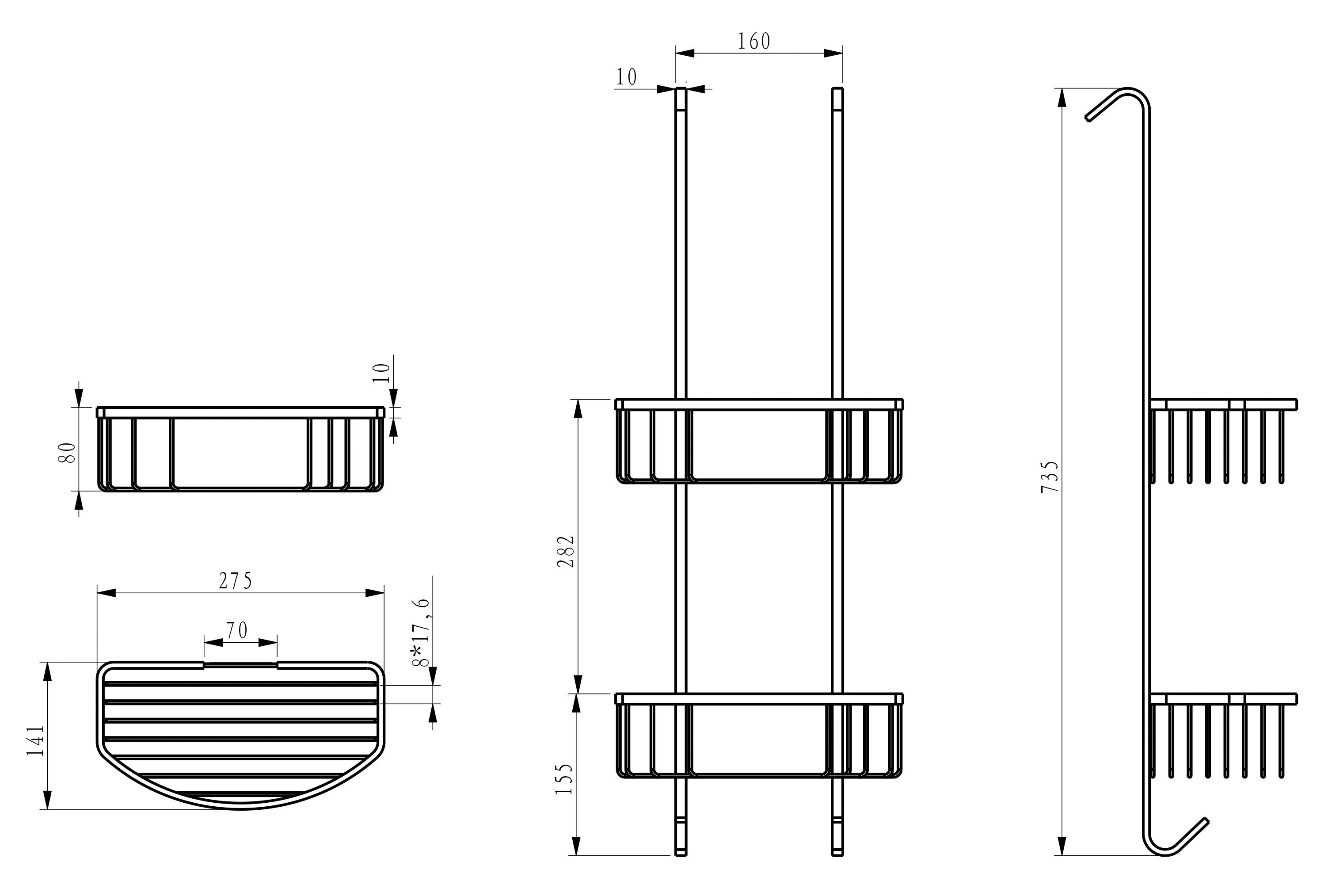 Maattekening Domo doucherekje hangend RVS geborsteld