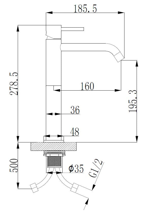 Style XL wastafelkraan hoog gunmetal PVD maattekening – afmetingen volgens maattekening | Dealplein