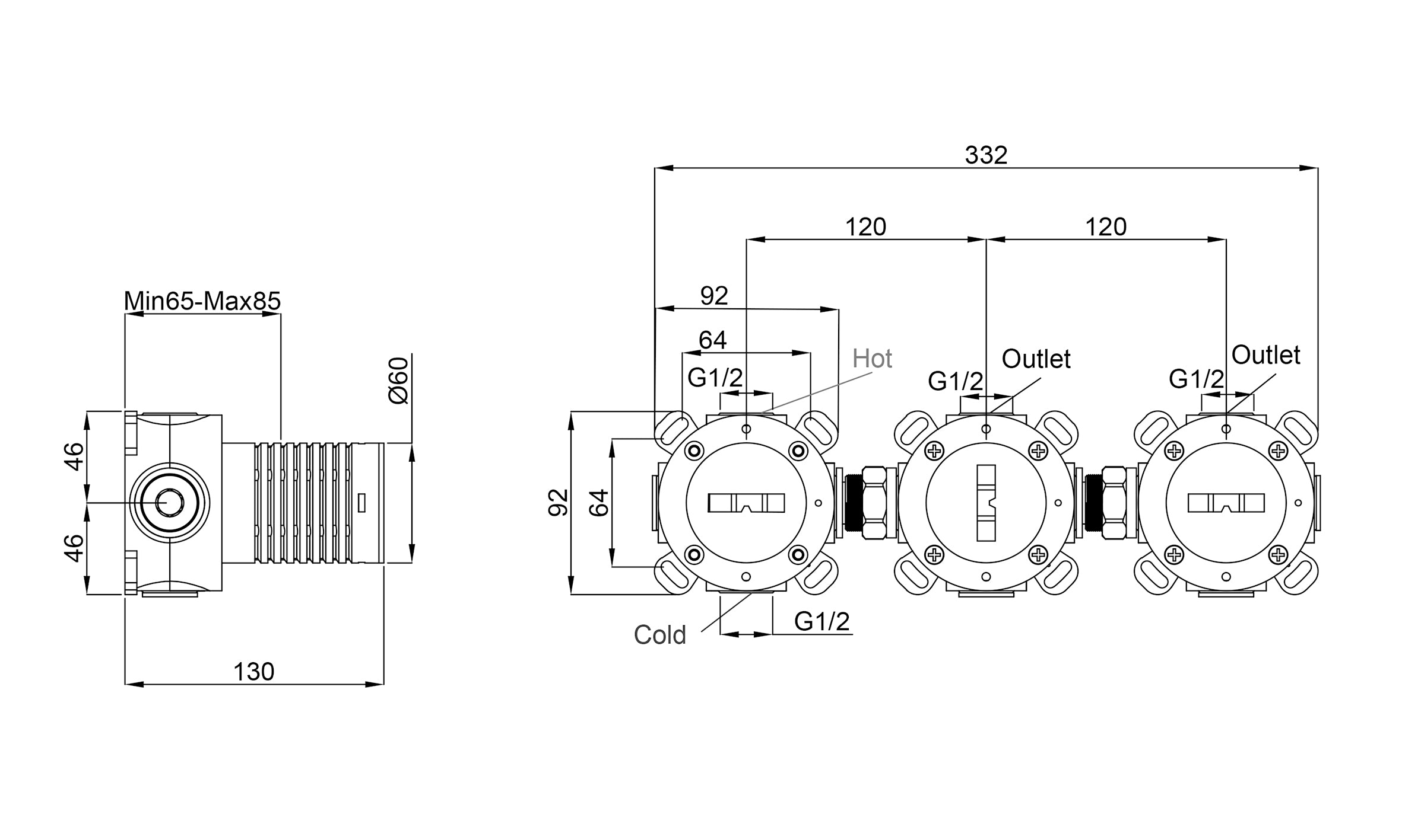 Maattekening Wiesbaden Caral inbouwdeel thermostatische douchekraan met 2 stopkranen