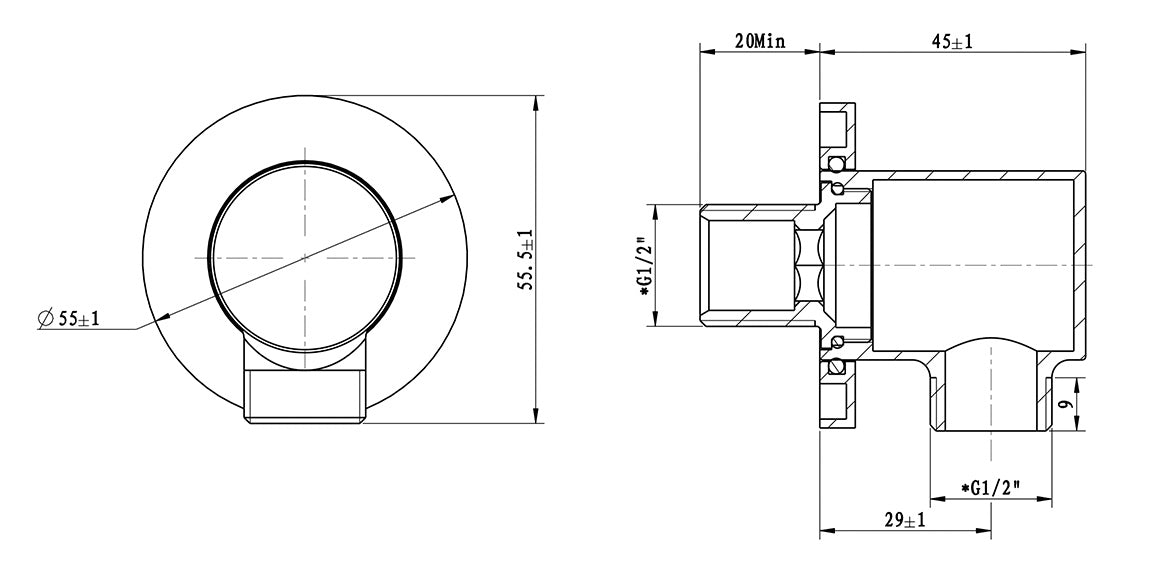 UniMatch wandaansluitbocht rond 1/2" mat zwart maattekening – afmetingen volgens maattekening | Dealplein