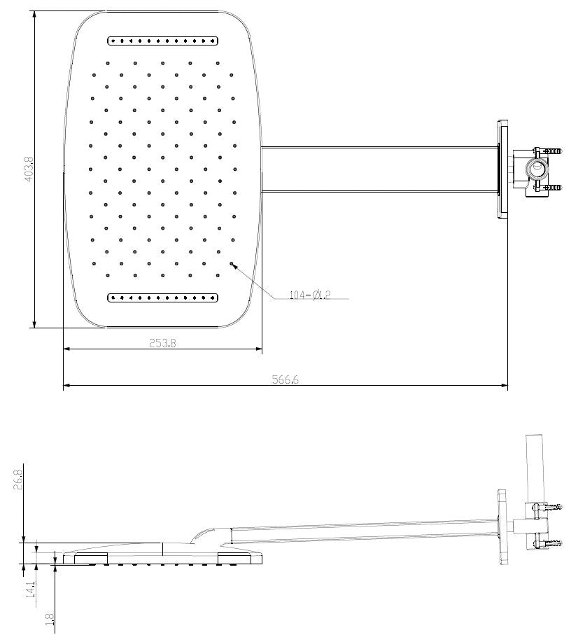 Waterval hoofddouche met doucheram 40 x 25 cm geborsteld staal PVD - maattekening