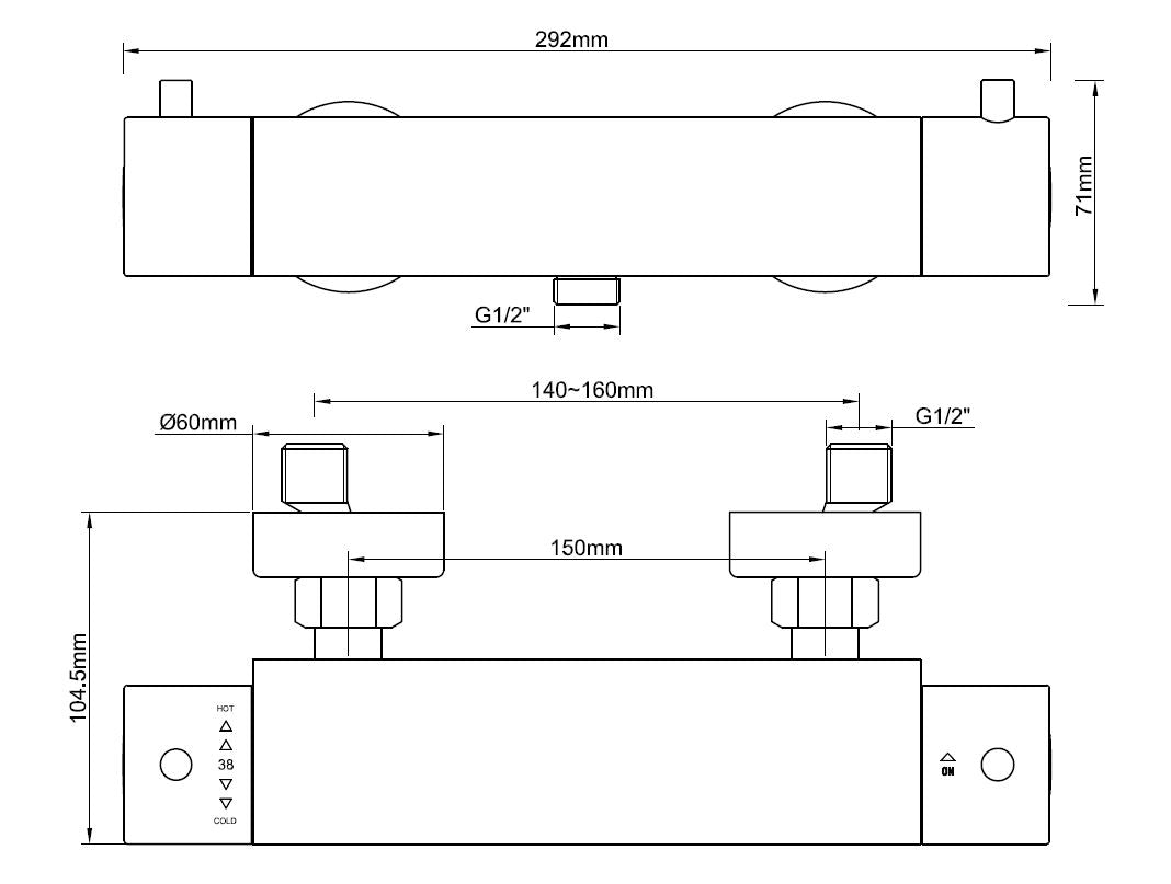 Maattekening Wiesbaden Caral Cool Touch thermostatische douchemengkraan mat zwart