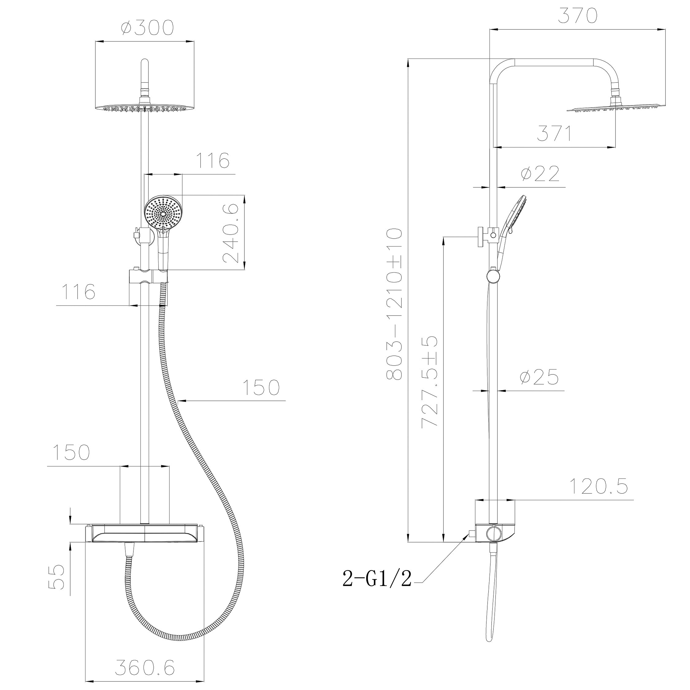 Maattekening Wiesbaden Tondell thermostatische regendoucheset opbouw met planchet chroom