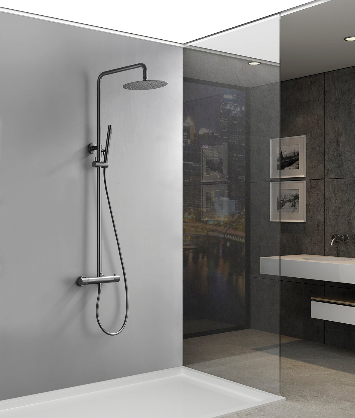 Ribbd thermostatische regendoucheset opbouw gunmetal PVD – Wiesbaden – Gun Metal – Regendoucheset | Dealplein