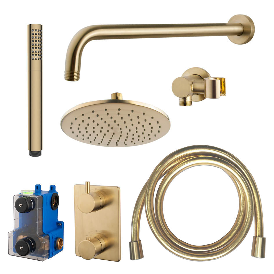 Caral Inbouwthermostaat Compleet met Hoofddouche 25 cm en Staafhanddouche Geborsteld Messing