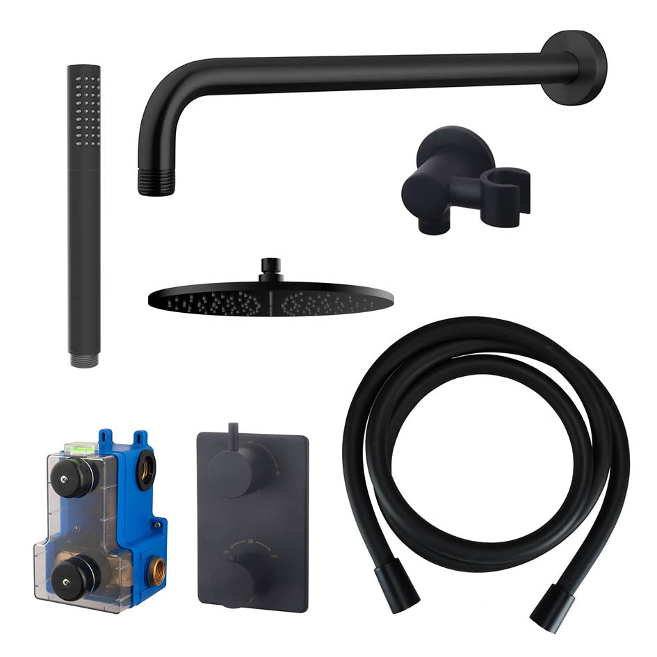 Caral Inbouwthermostaat Compleet met Hoofddouche 30 cm en Staafhanddouche Mat Zwart