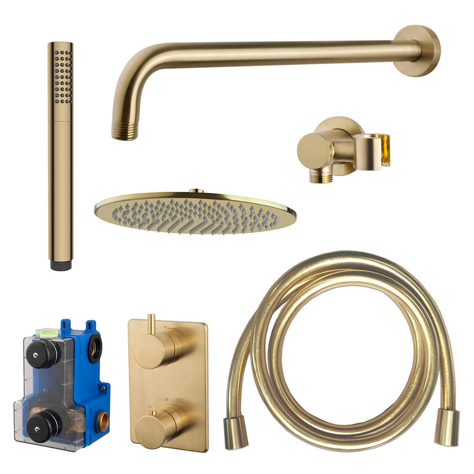 Caral Inbouwthermostaat Compleet met Hoofddouche 30 cm en Staafhanddouche Geborsteld Messing