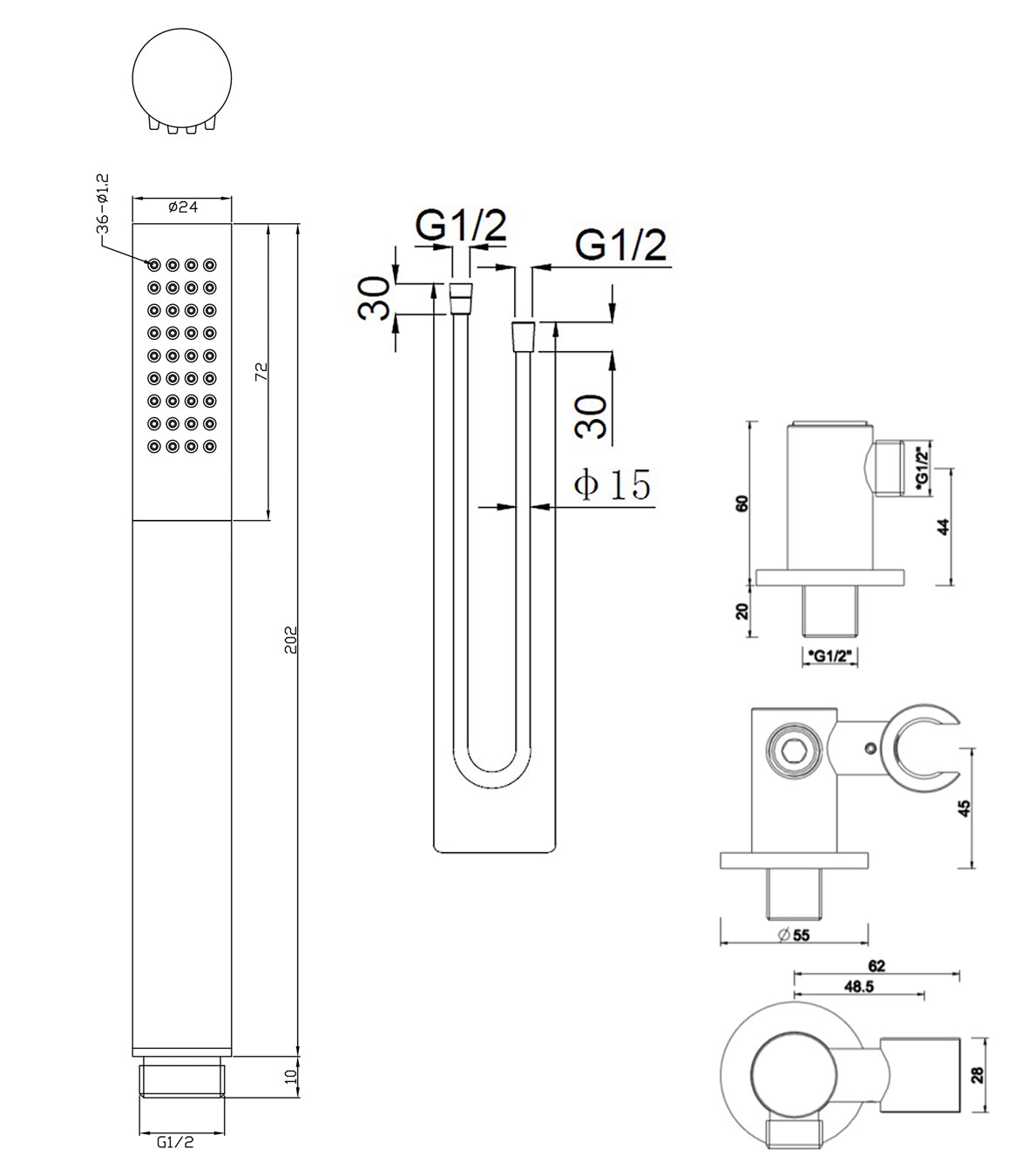 UniMatch handdoucheset met staafhanddouche 1 stand, doucheslang en wandaansluitbocht geborsteld messing/mat zwart maattekening – afmetingen volgens maattekening | Dealplein