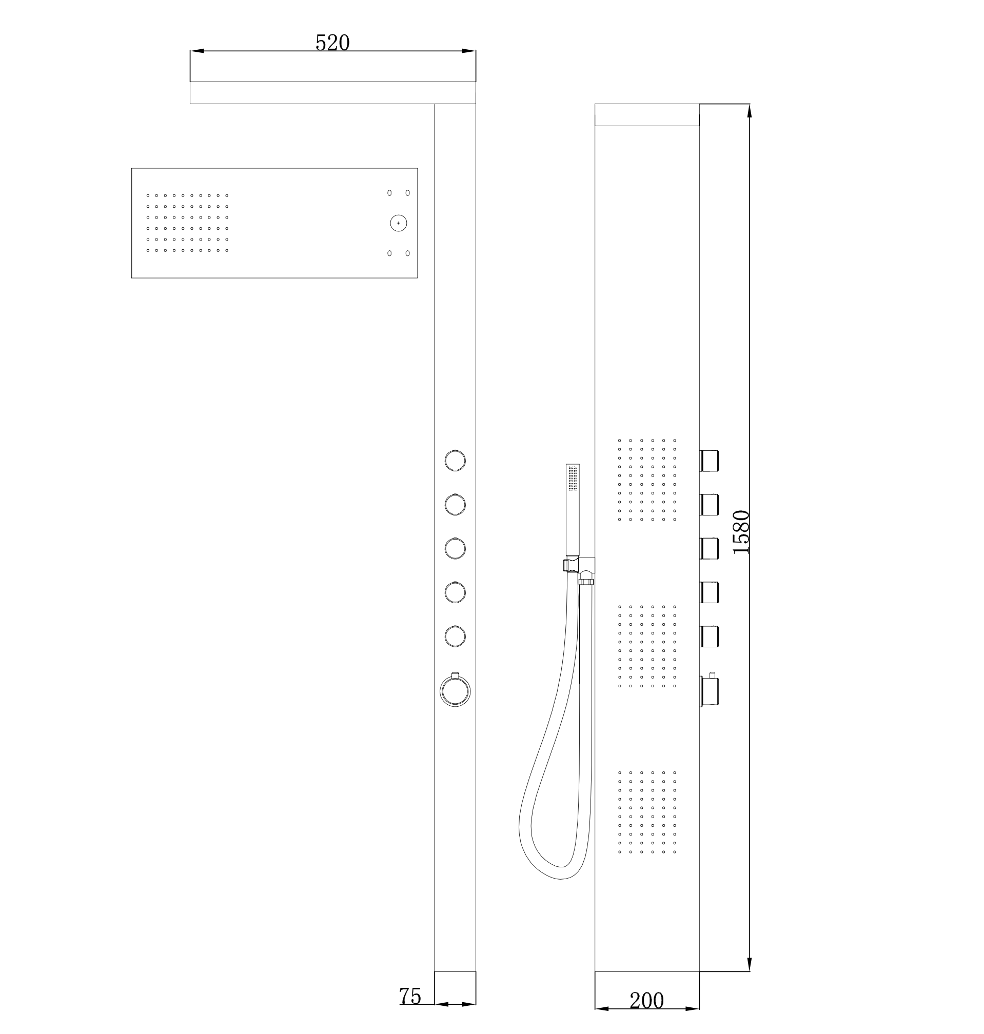 Maattekening Ohio thermostatische douchekolom 158x20 cm RVS