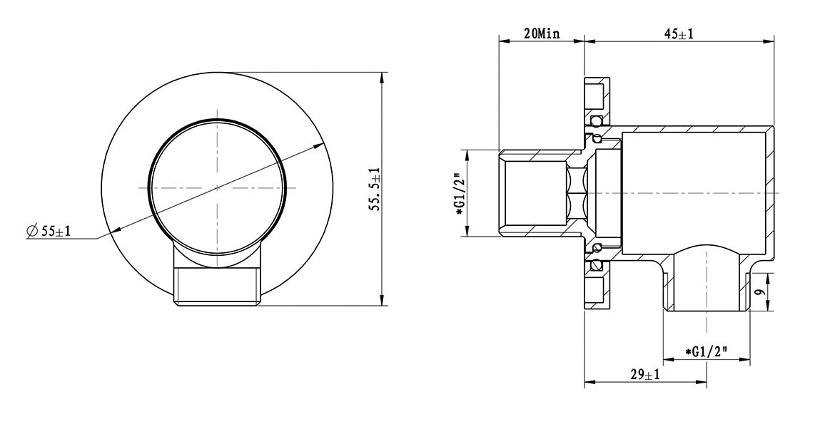 UniMatch wandaansluitbocht rond 1/2" chroom maattekening – afmetingen volgens maattekening | Dealplein