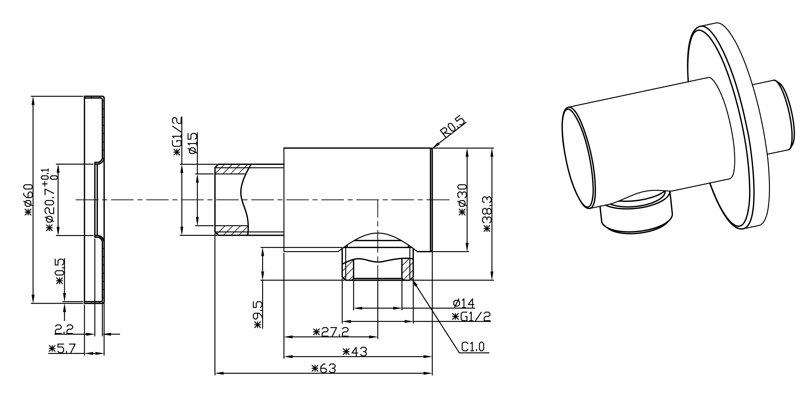 UniMatch wandaansluitbocht rond 1/2" chroom maattekening – afmetingen volgens maattekening | Dealplein