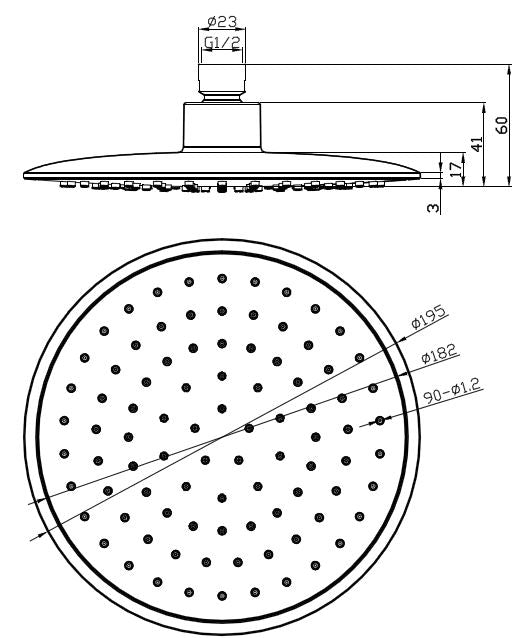 Hoofddouche rond 20 cm chroom/grijs maattekening – 20 cm | Dealplein
