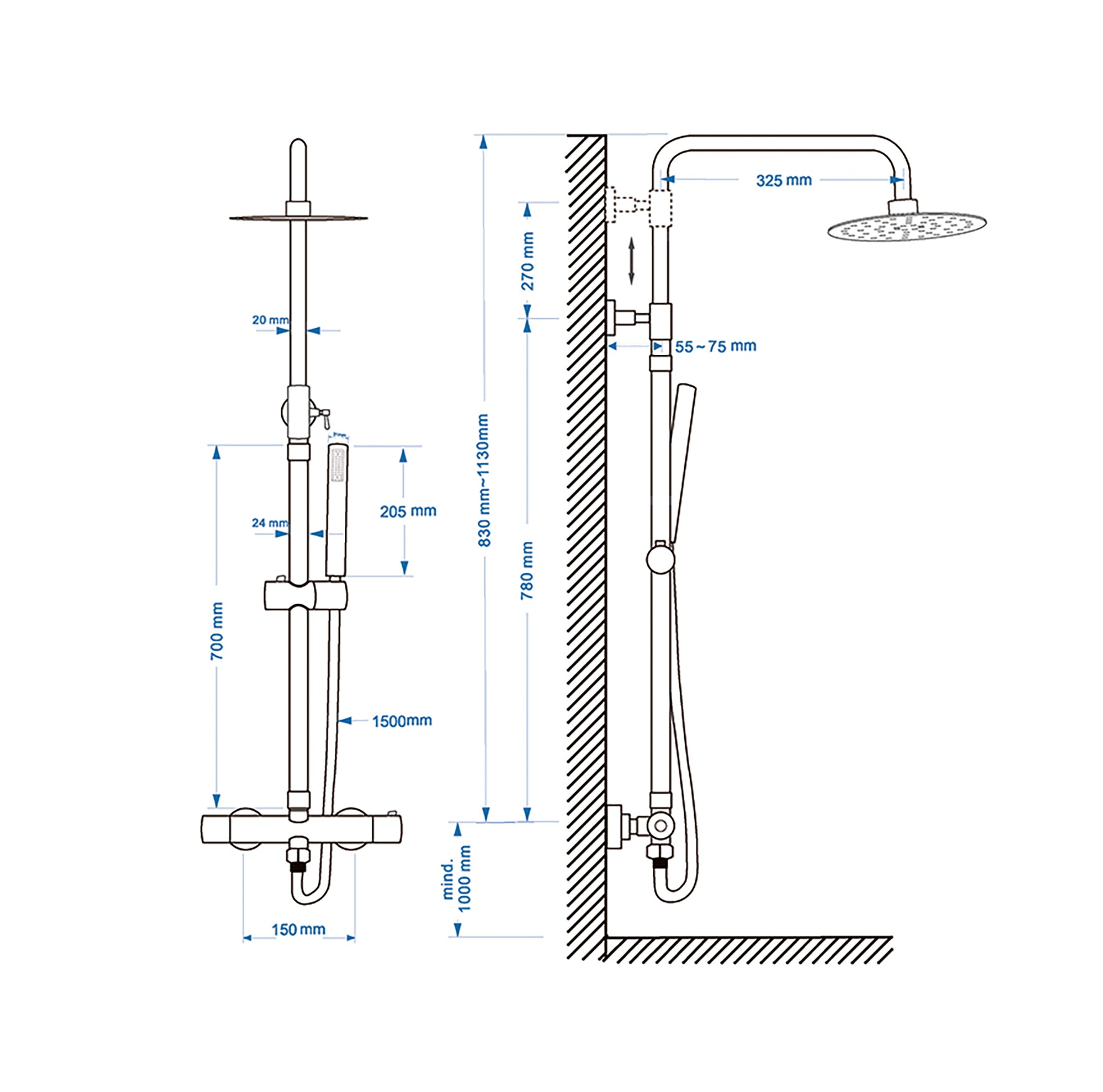 Twenty eco thermostatische regendoucheset opbouw rond mat zwart maattekening – afmetingen volgens maattekening | Dealplein