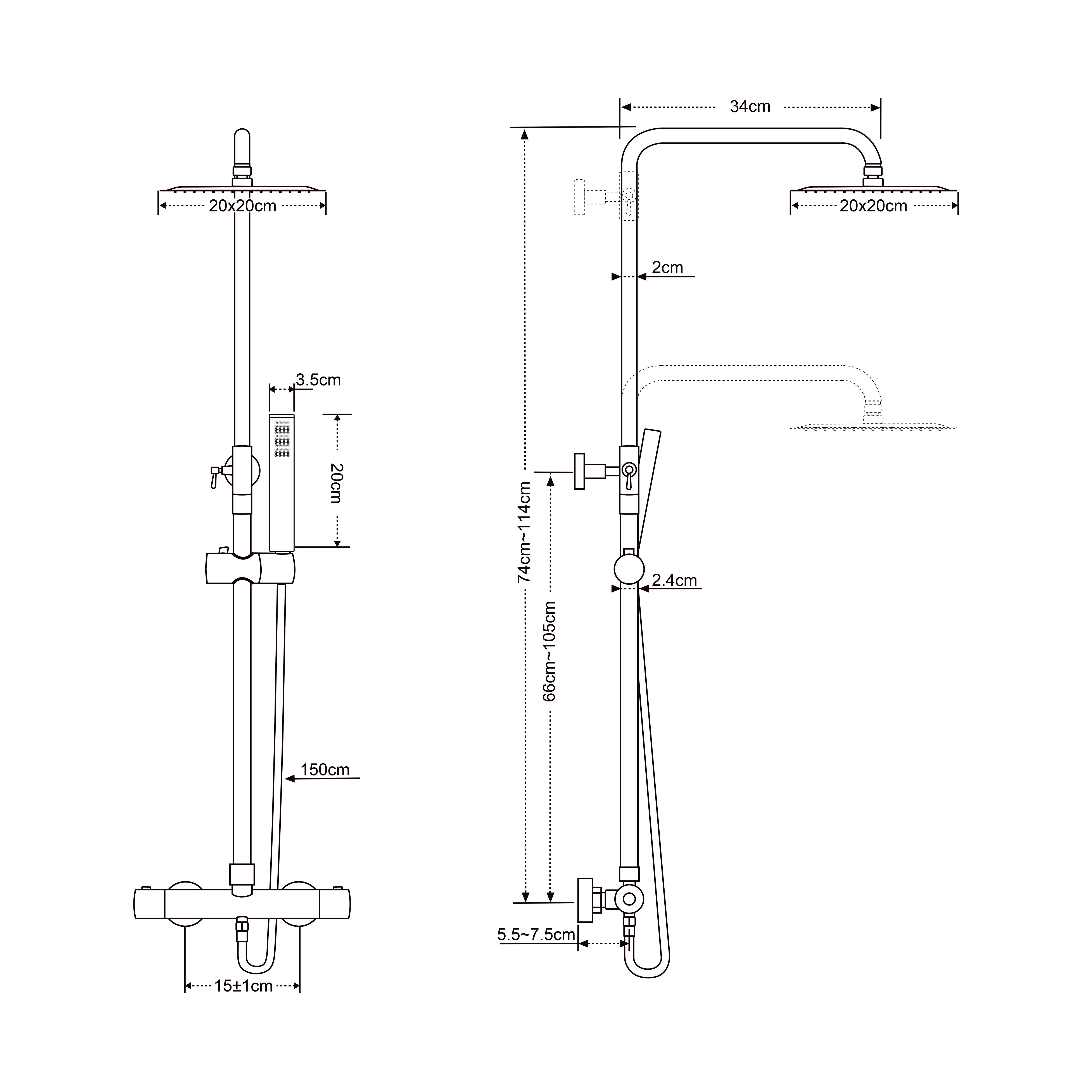 Maattekening Twenty eco thermostatische regendoucheset opbouw rond/vierkant chroom
