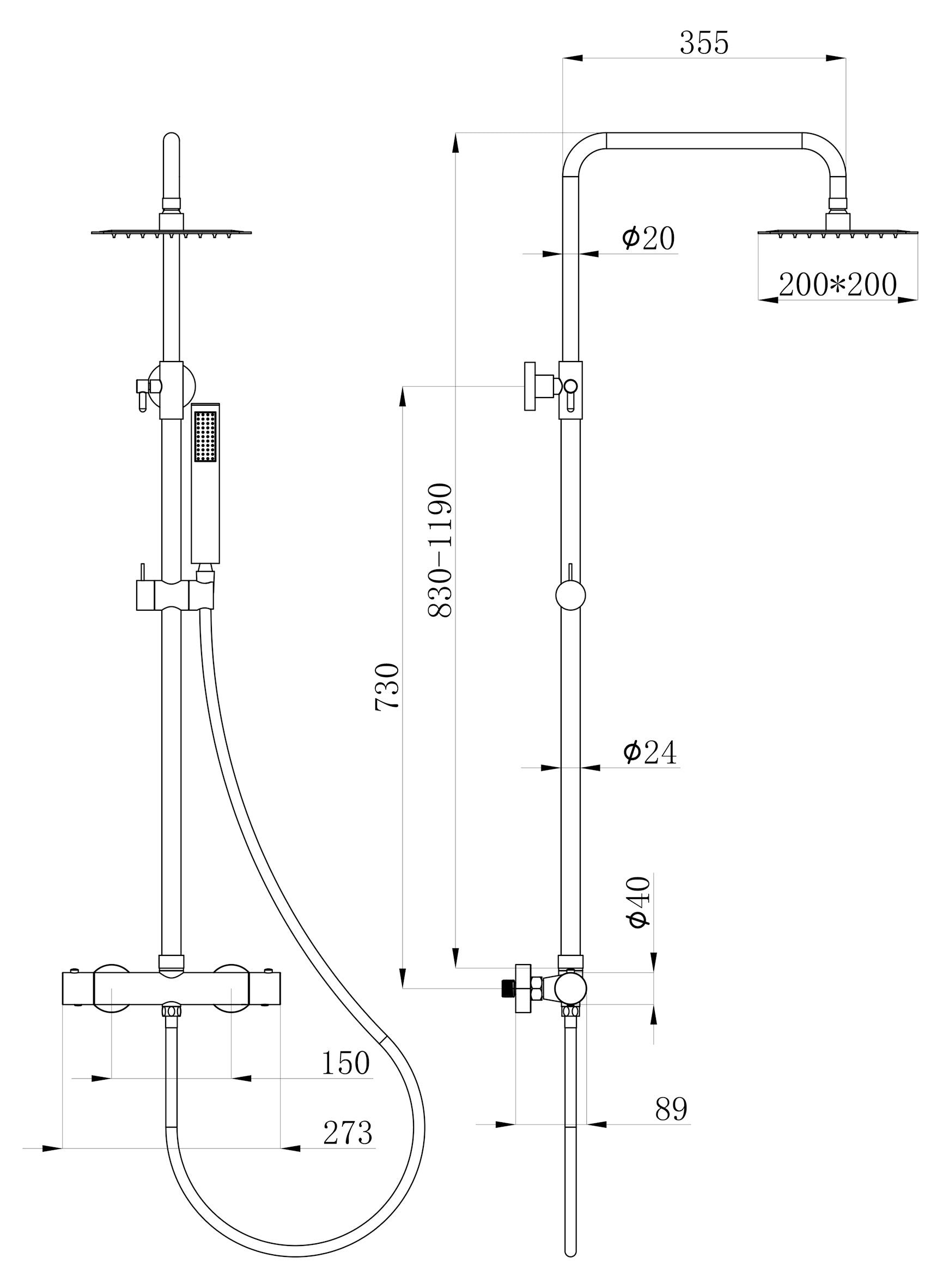 Maattekening Twenty eco thermostatische regendoucheset opbouw rond/vierkant mat zwart