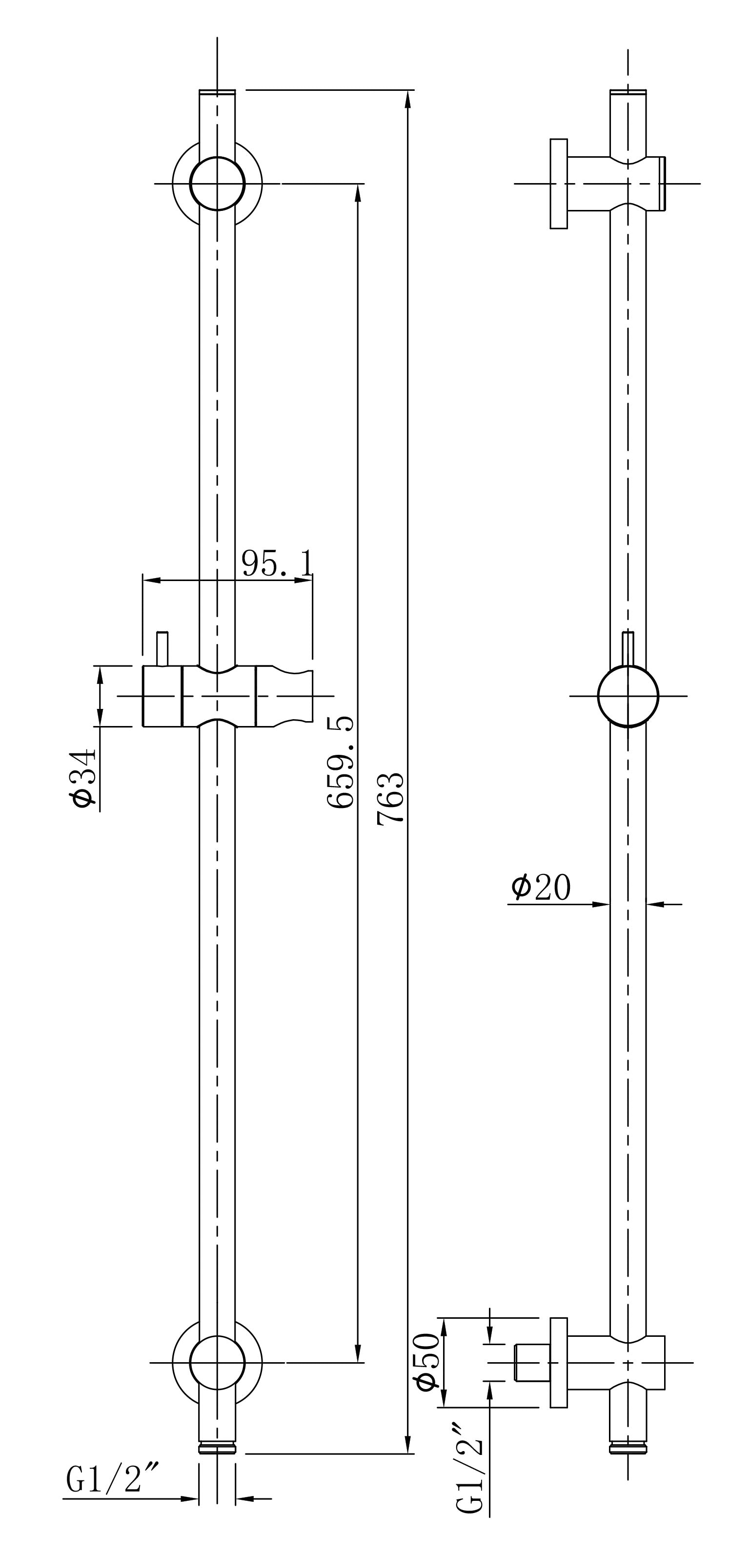 Maattekening Wiesbaden UniMatch glijstang met wateraansluiting 76,5 cm geborsteld staal PVD