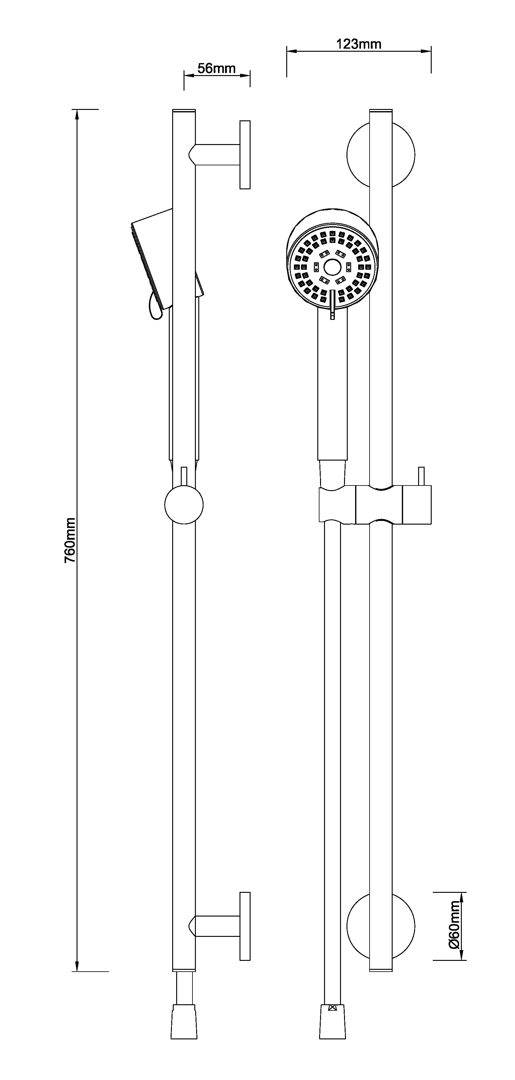 UniMatch Cadans glijstangset compleet met handdouche 3 standen Ø 8 cm chroom maattekening – 10 cm | Dealplein