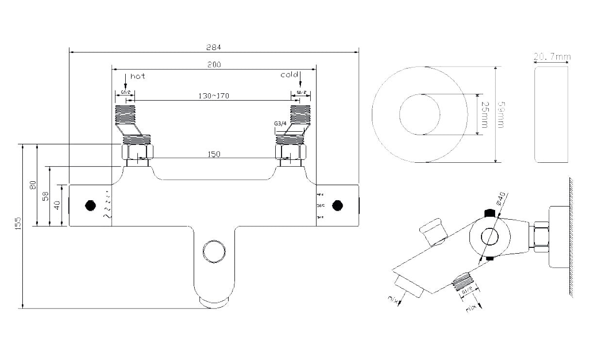 Maattekening Rio thermostatische badmengkraan 15 cm chroom