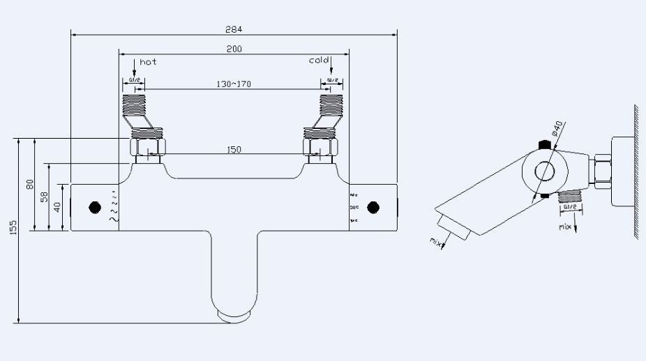 Maattekening Rio thermostatische badmengkraan 15 cm geborsteld staal