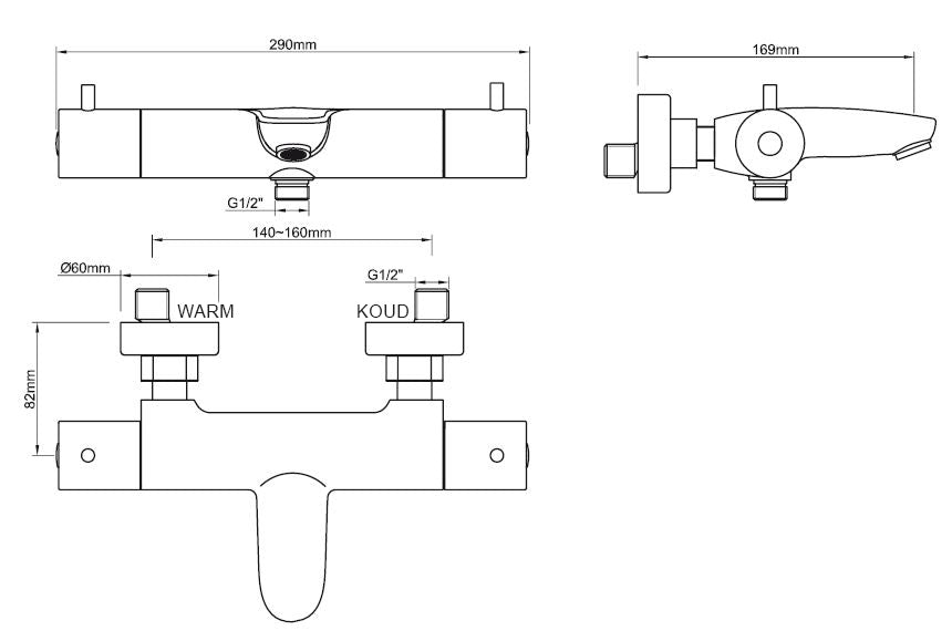Caral thermostatische badmengkraan chroom maattekening – afmetingen volgens maattekening | Dealplein