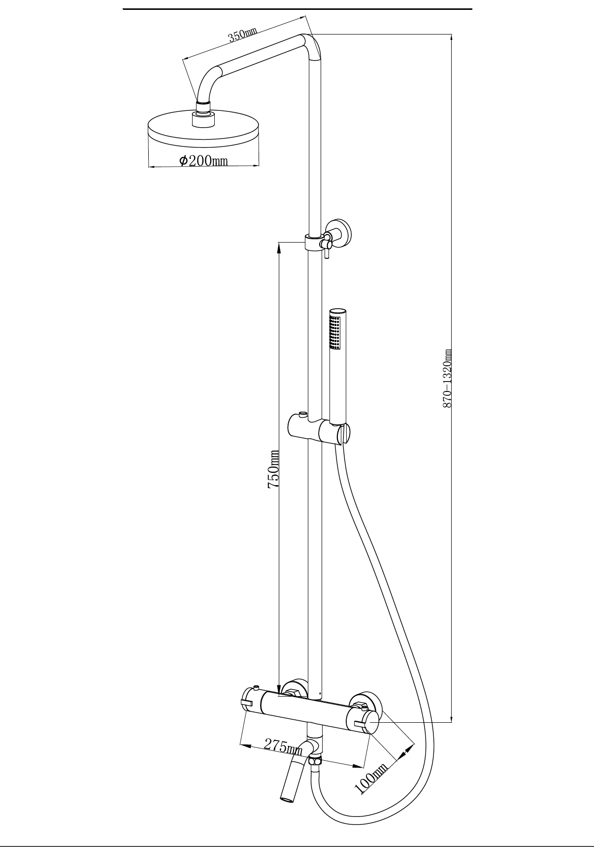 Caralda Eco thermostatische badmengkraan met regendoucheset opbouw chroom maattekening – afmetingen volgens maattekening | Dealplein