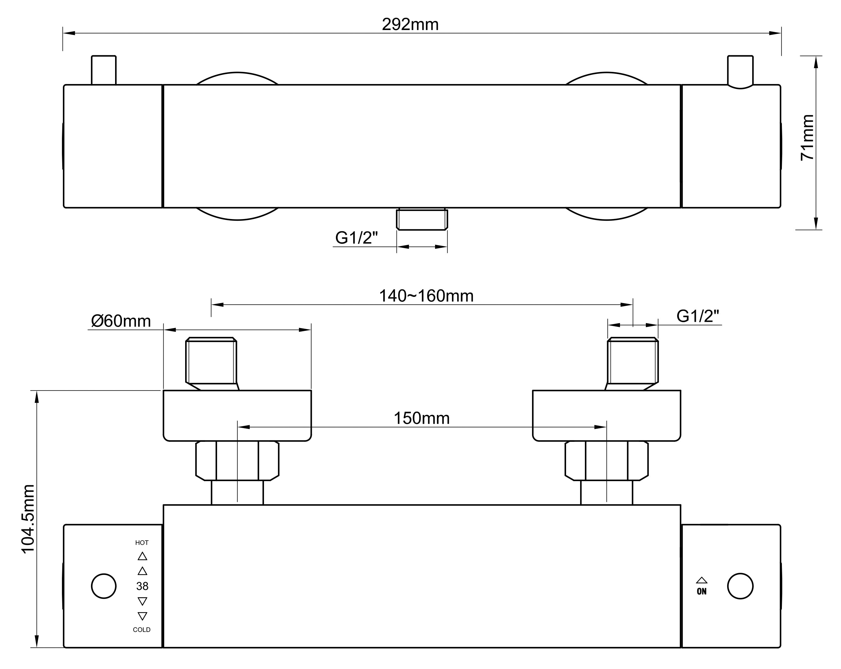 Maattekening Wiesbaden Caral Cool Touch thermostatische douchemengkraan geborsteld staal PVD