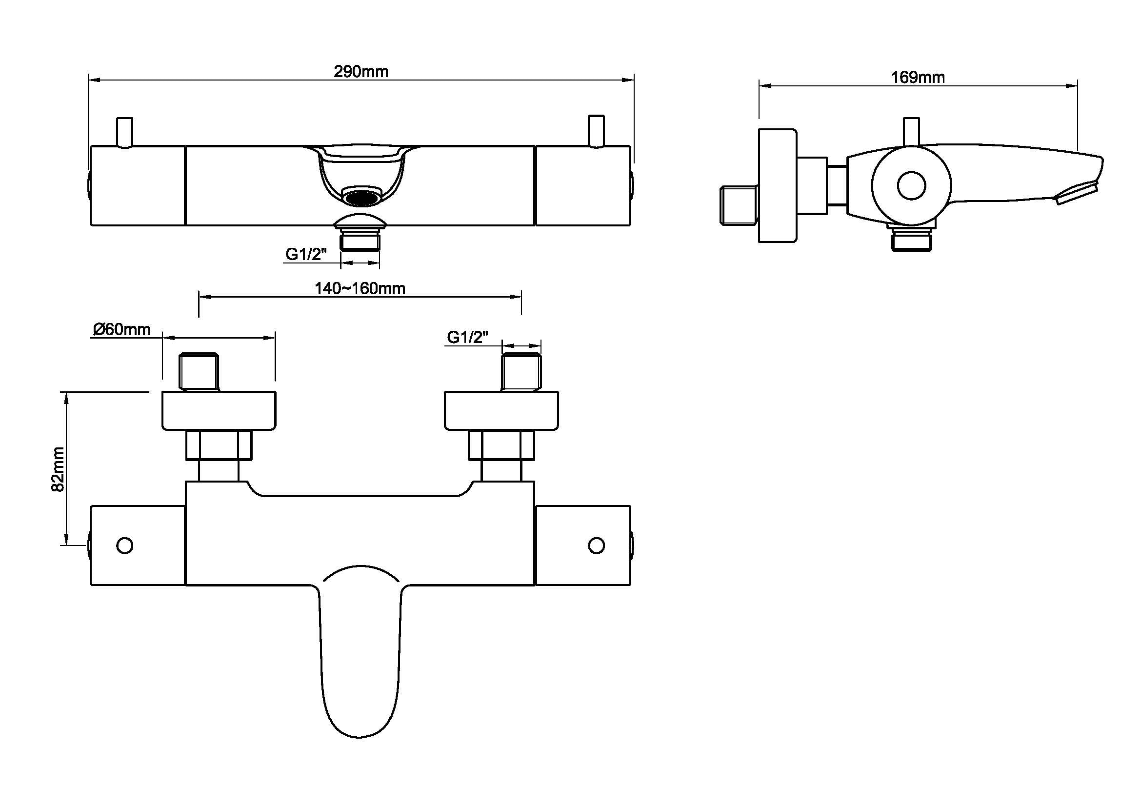 Caral thermostatische badmengkraan geborsteld staal PVD maattekening – afmetingen volgens maattekening | Dealplein