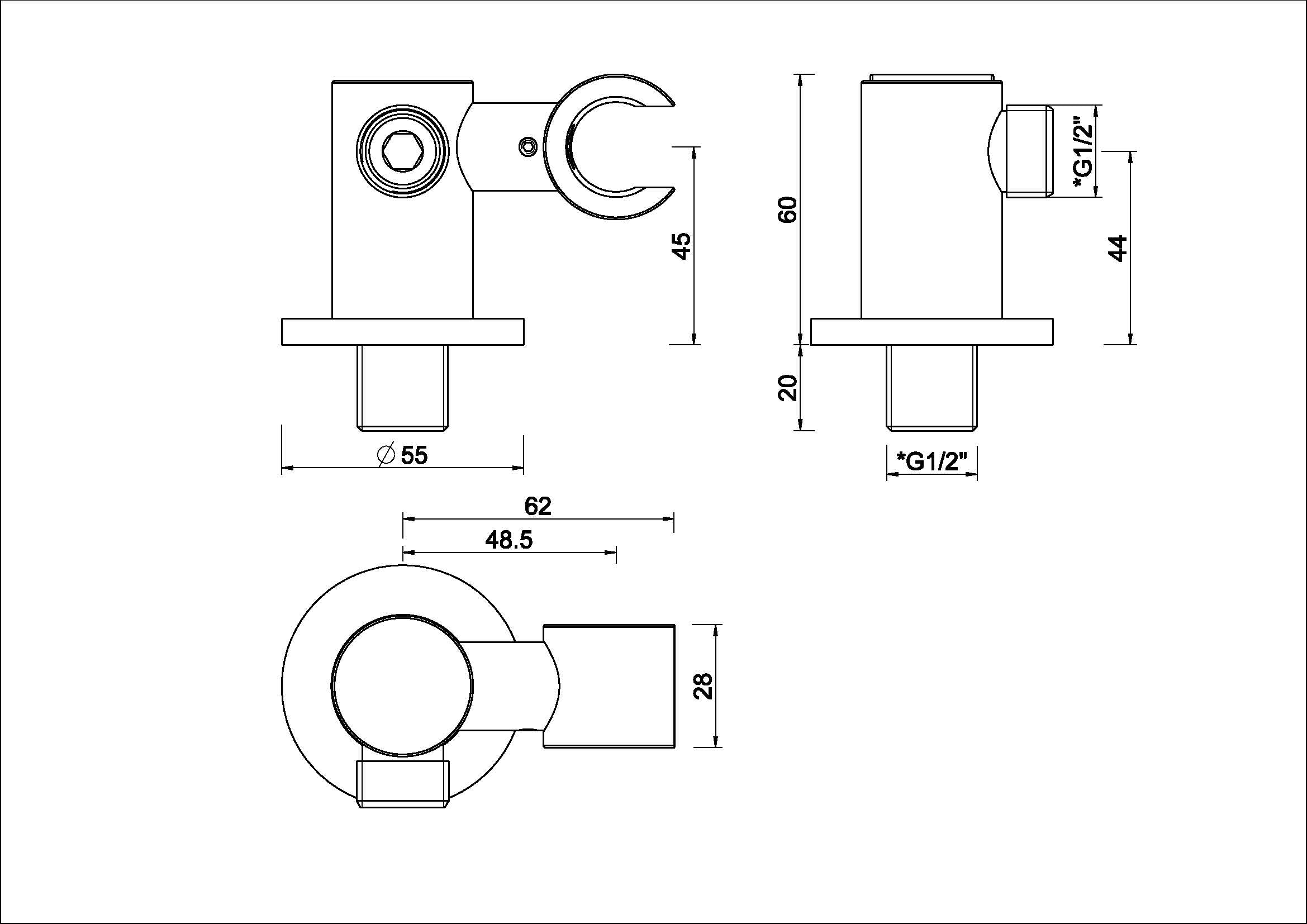 UniMatch wandaansluitbocht met kantelbare handdouchehouder rond 1/2" geborsteld staal PVD maattekening – afmetingen volgens maattekening | Dealplein