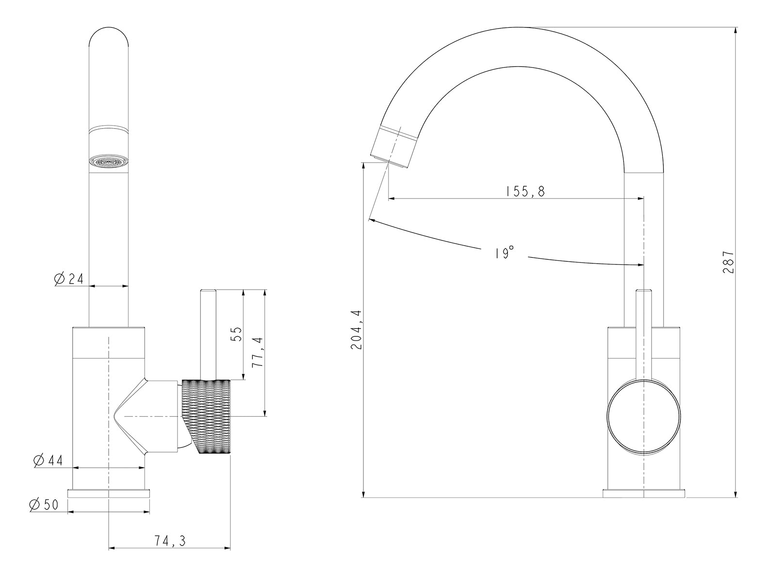 Maattekening Wiesbaden Ribbd wastafelkraan met draaibare uitloop en coldstart chroom