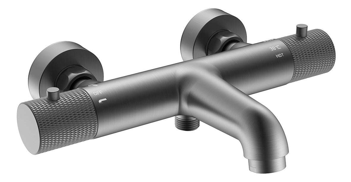 Ribbd thermostatische badmengkraan hartafstand 15 cm gunmetal PVD – Wiesbaden – Gun Metal – Badkraan | Dealplein