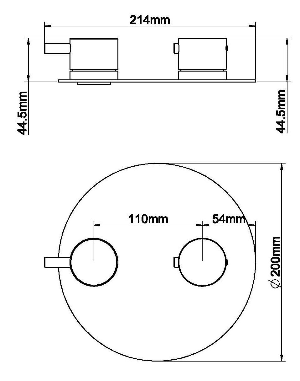 Maattekening Wiesbaden Caral afbouwdeel rond inbouwthermostaat 2 weg geborsteld messing PVD