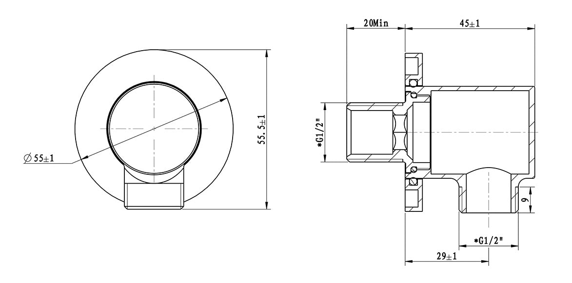 UniMatch wandaansluitbocht rond 1/2" gunmetal PVD maattekening – afmetingen volgens maattekening | Dealplein