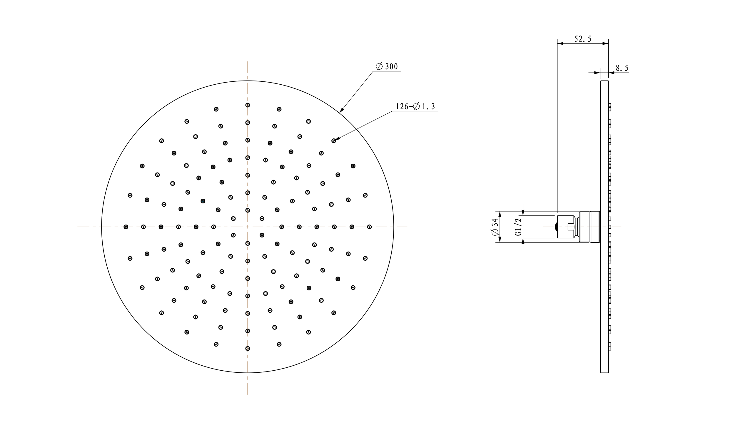 UniMatch hoofddouche rond 30 x 0,8 cm geborsteld messing PVD maattekening – 30 × 1 cm | Dealplein