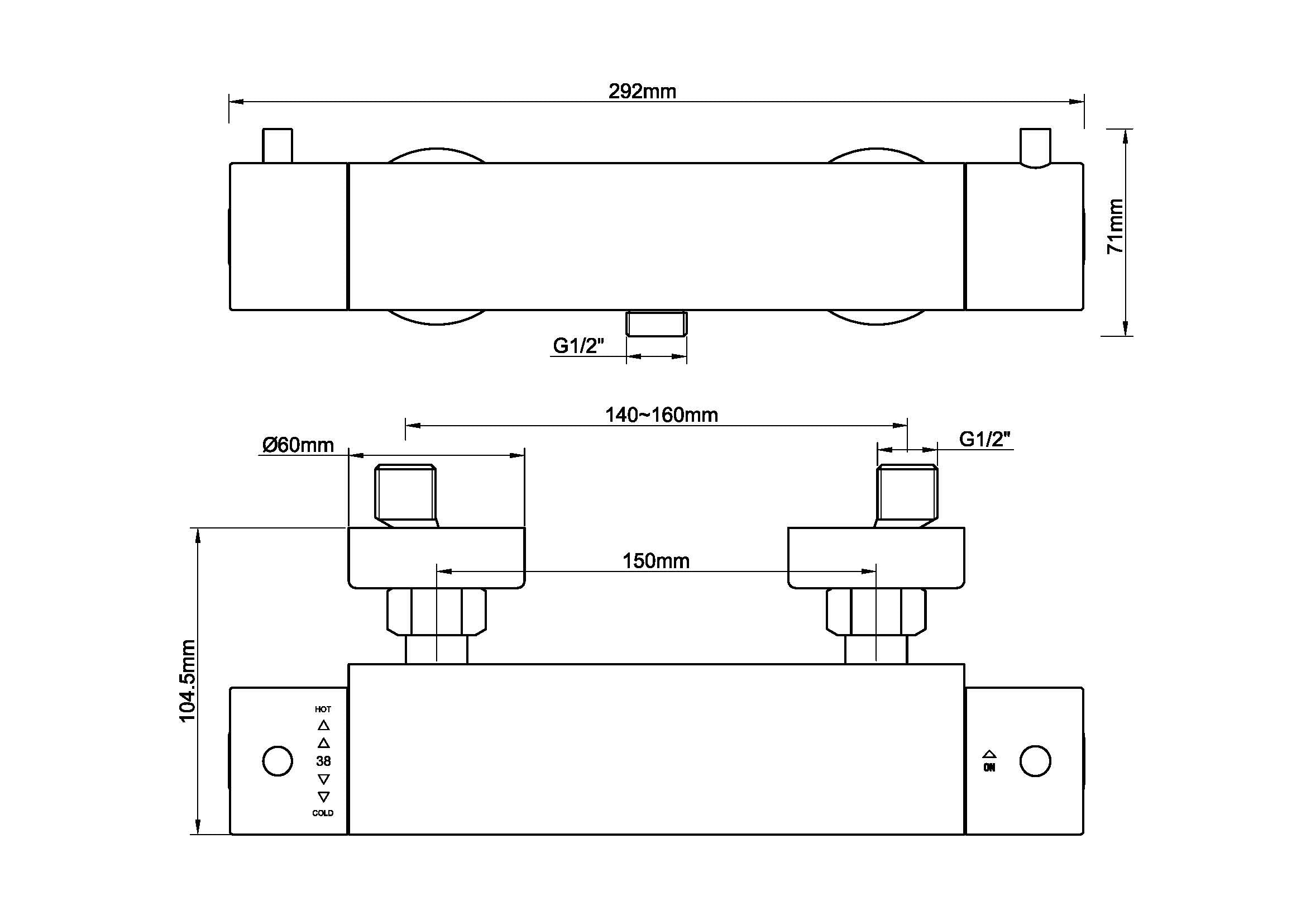 Maattekening Wiesbaden Caral Cool Touch thermostatische douchemengkraan geborsteld messing PVD
