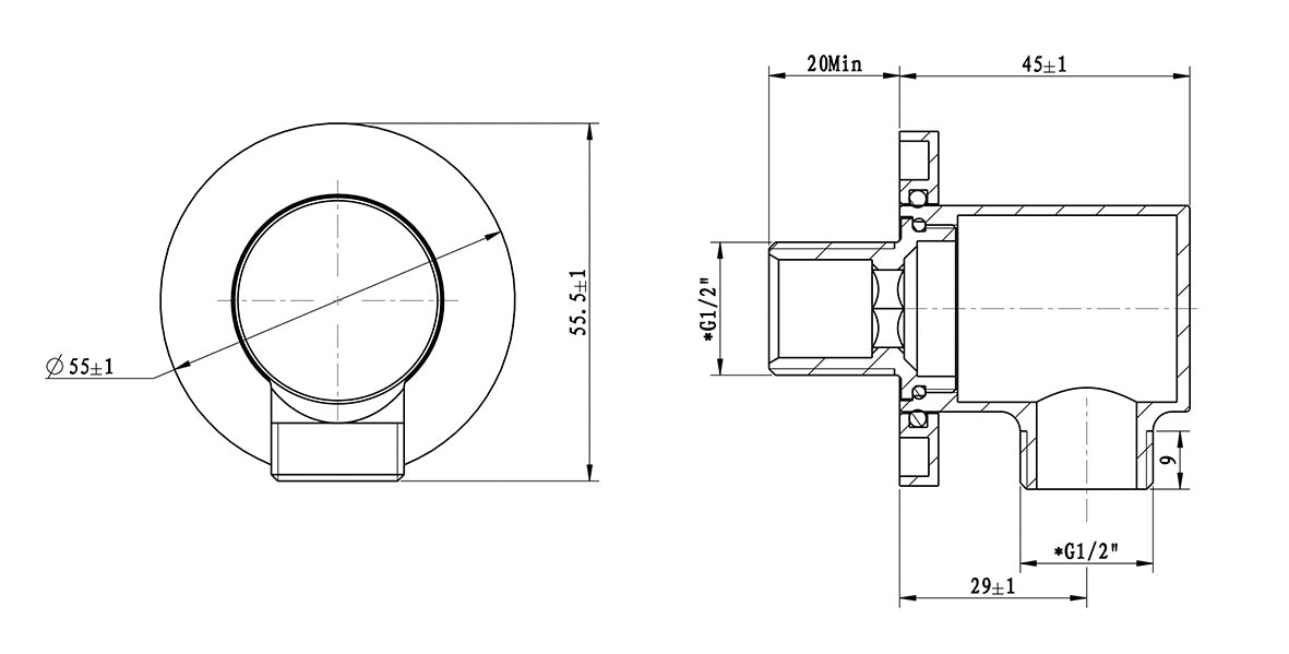 UniMatch wandaansluitbocht rond 1/2" geborsteld brons koper PVD maattekening – afmetingen volgens maattekening | Dealplein