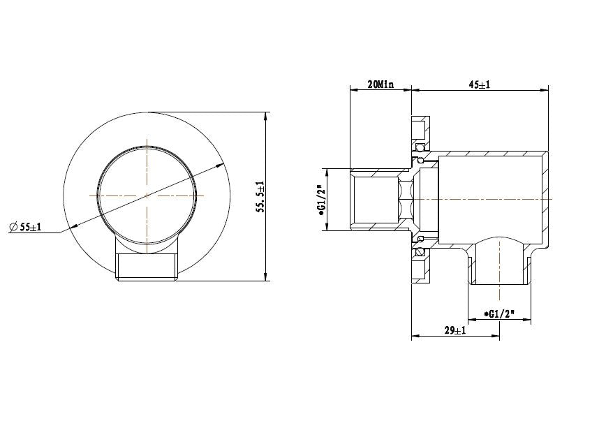 Maattekening Wiesbaden UniMatch wandaansluitbocht rond 1/2" geborsteld messing PVD